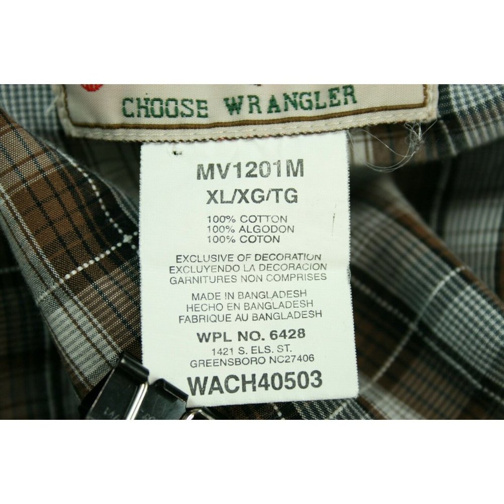 Wrangler Mens Sz XL Shirt Brown Western Plaid Marble Snap Stitch detail - Picture 10 of 10